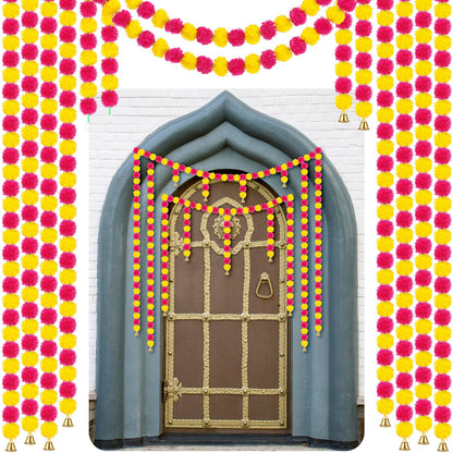 Riceshoot 10 Pcs Marigold Garland for Decoration Diwali Decor 5 Ft Long Artificial Marigold Flowers with Golden Bell Indian Garland for Pooja Wedding Events Day of the Dead Decor (Yellow and Purple)