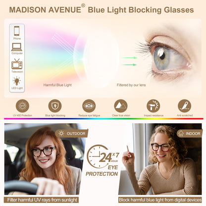 Madison Avenue Women Blue Light Glasses,Oversize Blue Light Blocker for Women, Anti Eyestrain & UV Protection Computer Eyeglasses Hanna (Tortoiseshell)