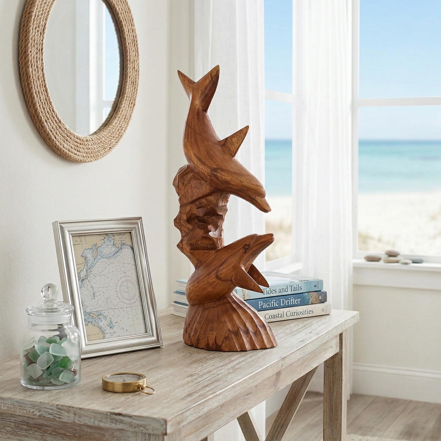 G6 Collection Wooden Hand Carved Dolphin Statue Sculpture Wood Decorative Home Decor Accent Figurine Handcrafted Handmade Seaside Tropical Nautical Ocean Coastal Decoration (2 Dolphins on Coral, 12")