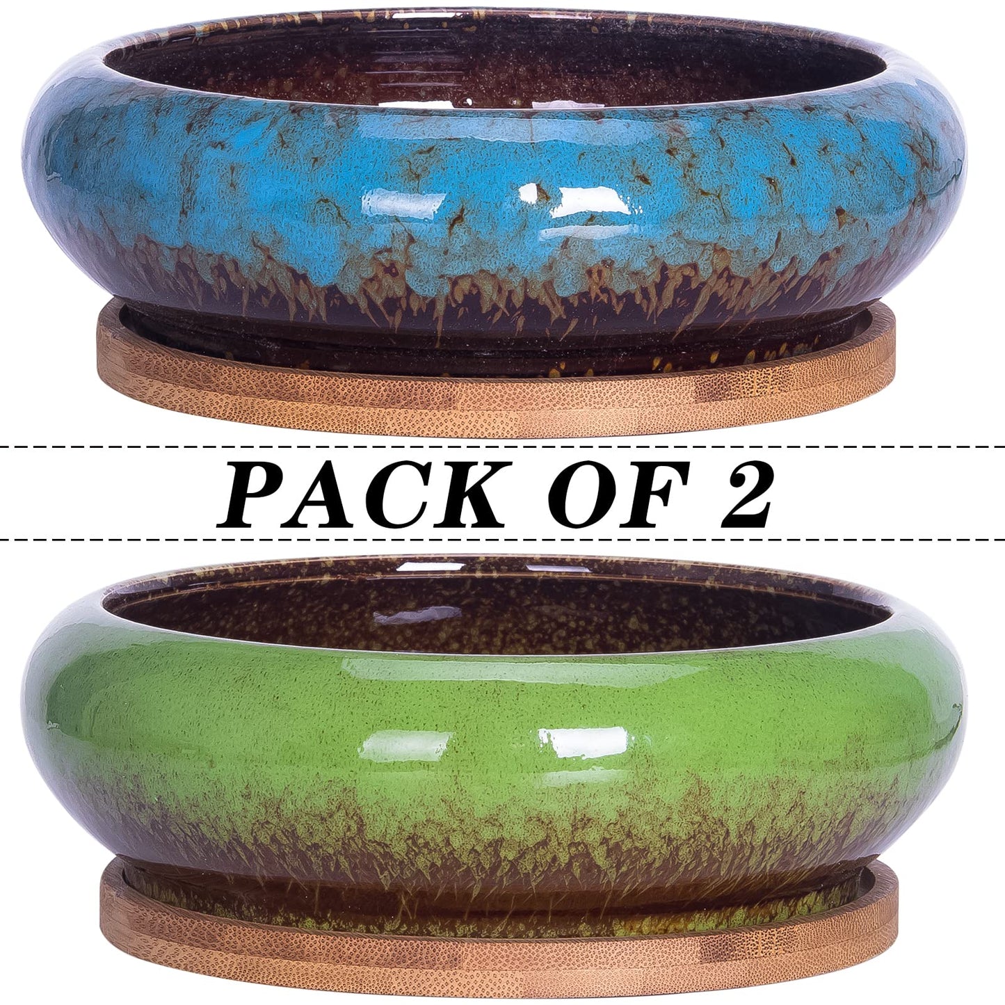 ARTKETTY Succulent Pots, 7.3 Inch Succulent Planters with Drainage Pack of 2, Shallow Bonsai Pot with Tray Ceramic Pots for Indoor Plants Large Cactus Flower Plant Bowl