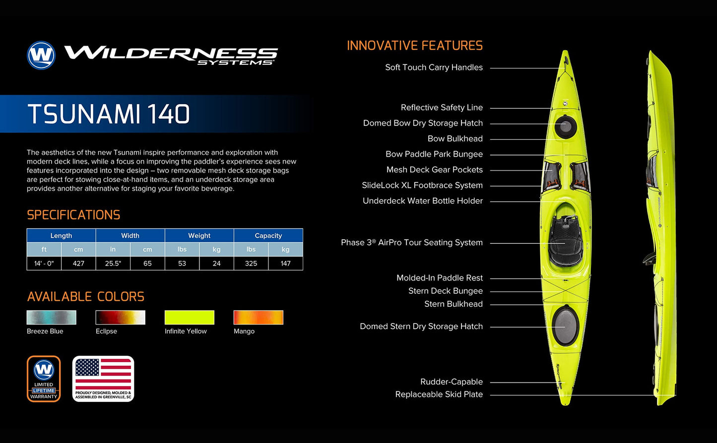 Wilderness Systems Tsunami 140 - Sit Inside Touring Kayak - Multiple Storage Options - Phase 3 Air Pro Seating - 14 ft - Mango
