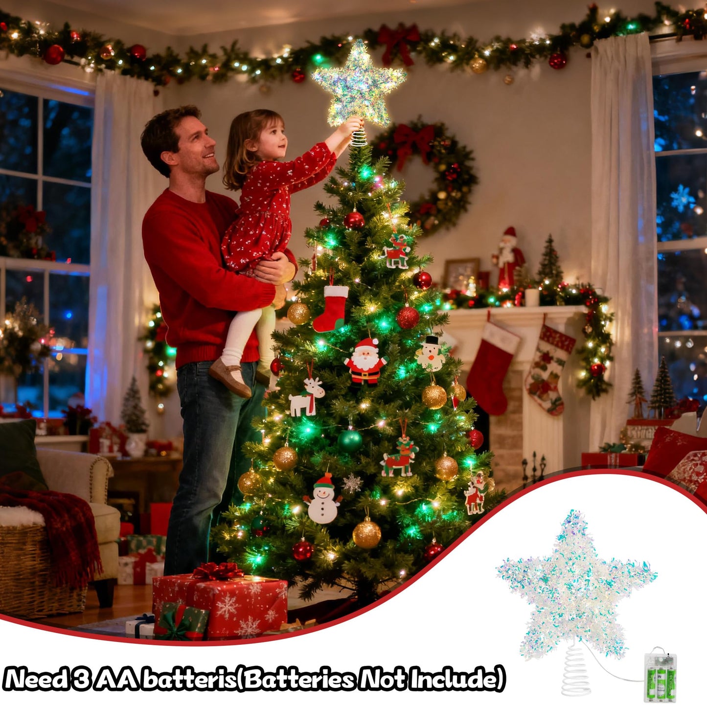 Joytry Christmas Tree Topper Star Iridescent Tinsel Star Tree Topper 10 Inch Lighted Tree Topper Battery Operated Christmas Tree Decoration for Holiday Indoor Decoration Warm White Light
