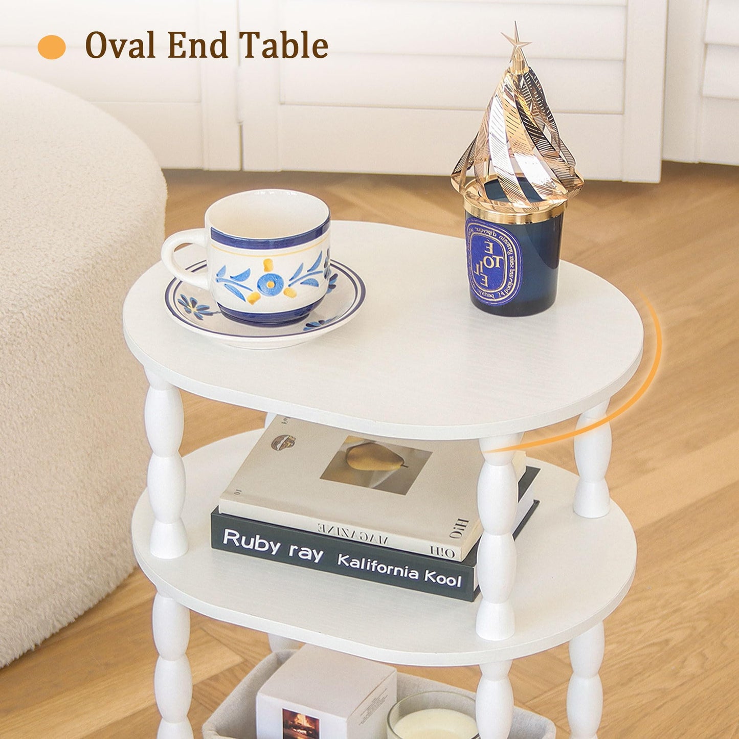 MaxSmeo White Side Table, 3-Tier Small Oval End Table, Modern Night Stand Wood Accent Table for Living Room, Bedroom, White