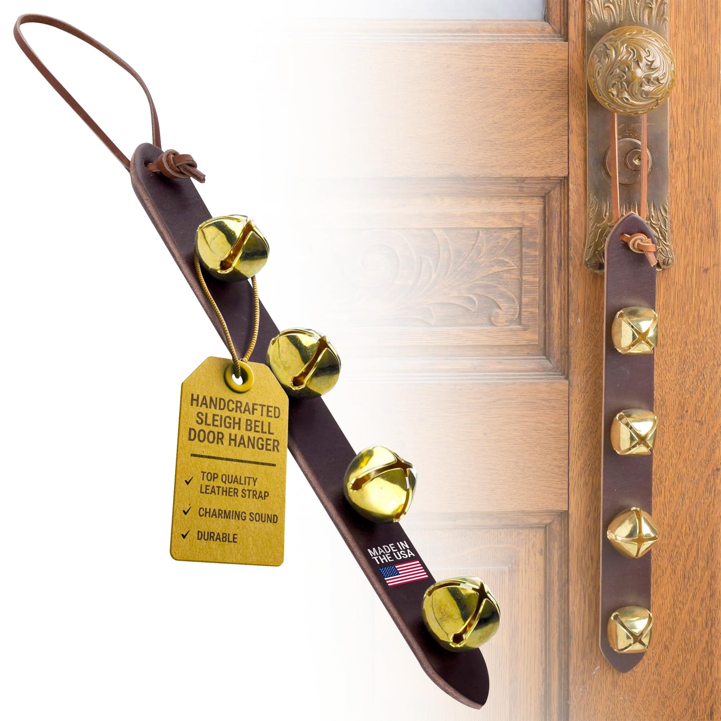 Amish Crafted Leather Strap Arctic Sleigh Bell Door Hanger Hanging Jingle Bells (Brown Leather, 14 Inches)