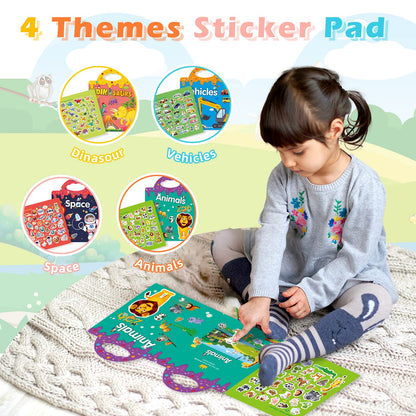 GUYUCOM 4 Pack Reusable Sticker Books, Toys for Age 3 4+ Year Old Kids Boys Girls Toddlers, 3D Clear Animal Space Vehicles Dinosaur Sticker Book Educational Learning Toy Birthday Gifts