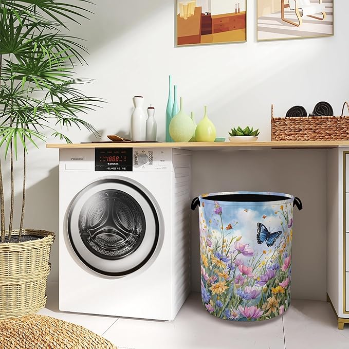 Wildflowers Butterfly Laundry Basket, Floral Garden Oxford Cloth Laundry Hamper