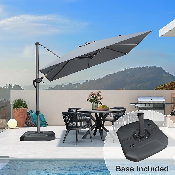 PURPLE LEAF 9 Feet Patio Umbrella with Base Outdoor Cantilever Square Umbrella Aluminum Offset Umbrella with 360-degree Rotation for Garden Deck Pool Patio Light Grey