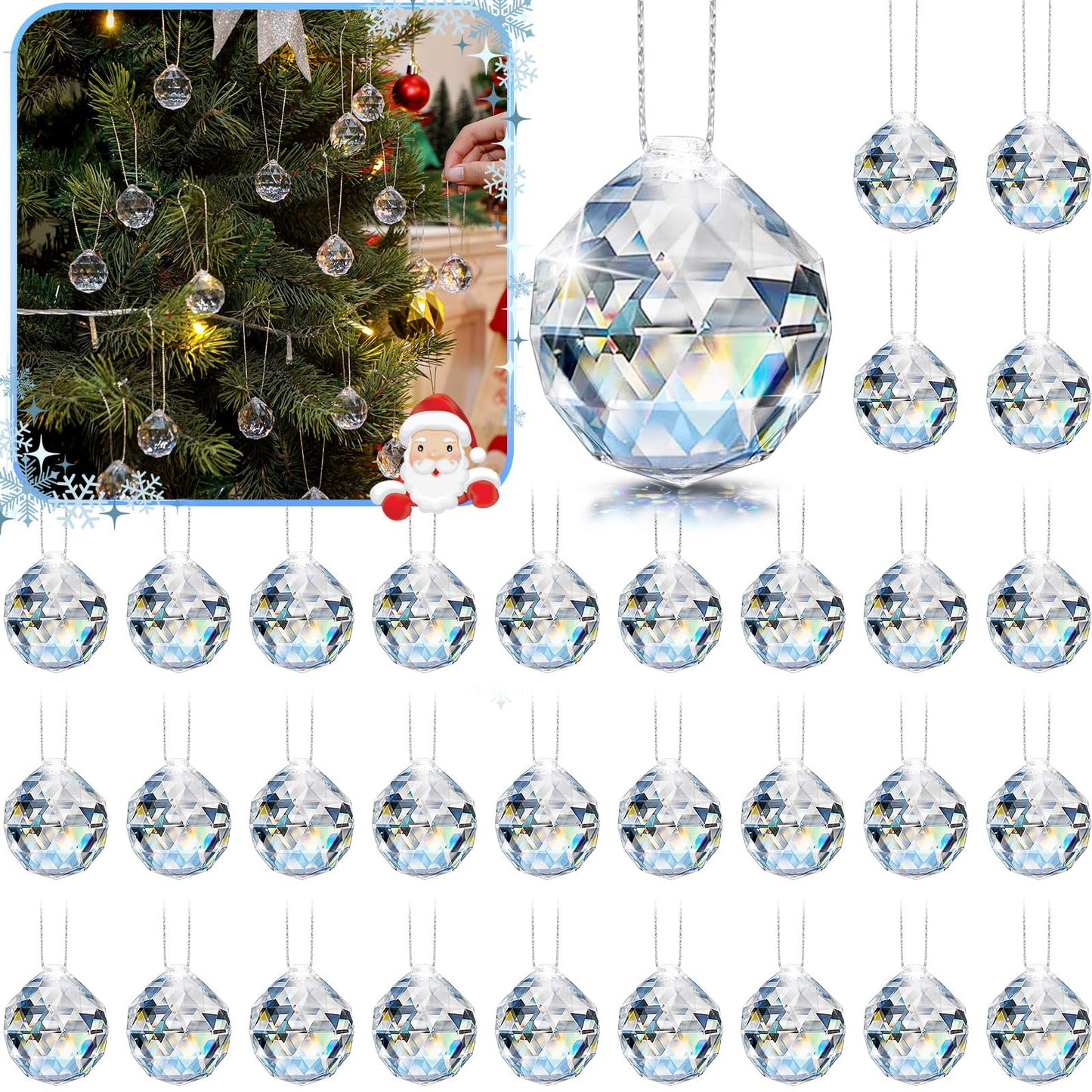 Wettarn 30 Pcs Acrylic Crystal Christmas Balls Ornaments, Clear Crystal Glass Christmas Diamond Ornaments Raindrops with Silver Thread for Hanging Decorations(Classic)