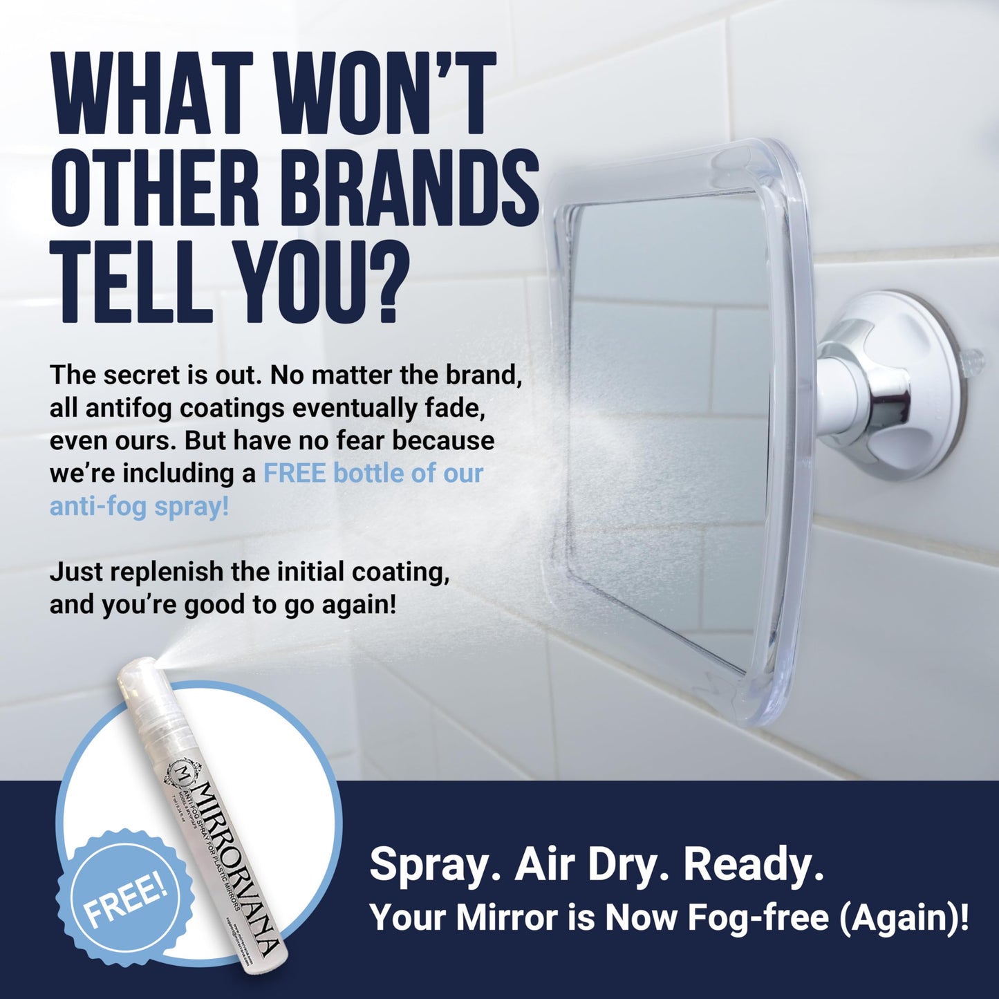 MIRRORVANA Fogless Shower & Shaving Mirror with Upgraded Suction Mount for Bathroom, Anti Fog & Mist Free Shatterproof Surface and 360° Swivel, 16cm x 16cm (1X Magnification)