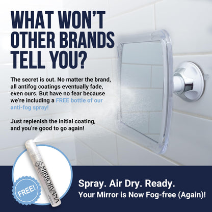 MIRRORVANA Fogless Shower & Shaving Mirror with Upgraded Suction Mount for Bathroom, Anti Fog & Mist Free Shatterproof Surface and 360° Swivel, 16cm x 16cm (1X Magnification)