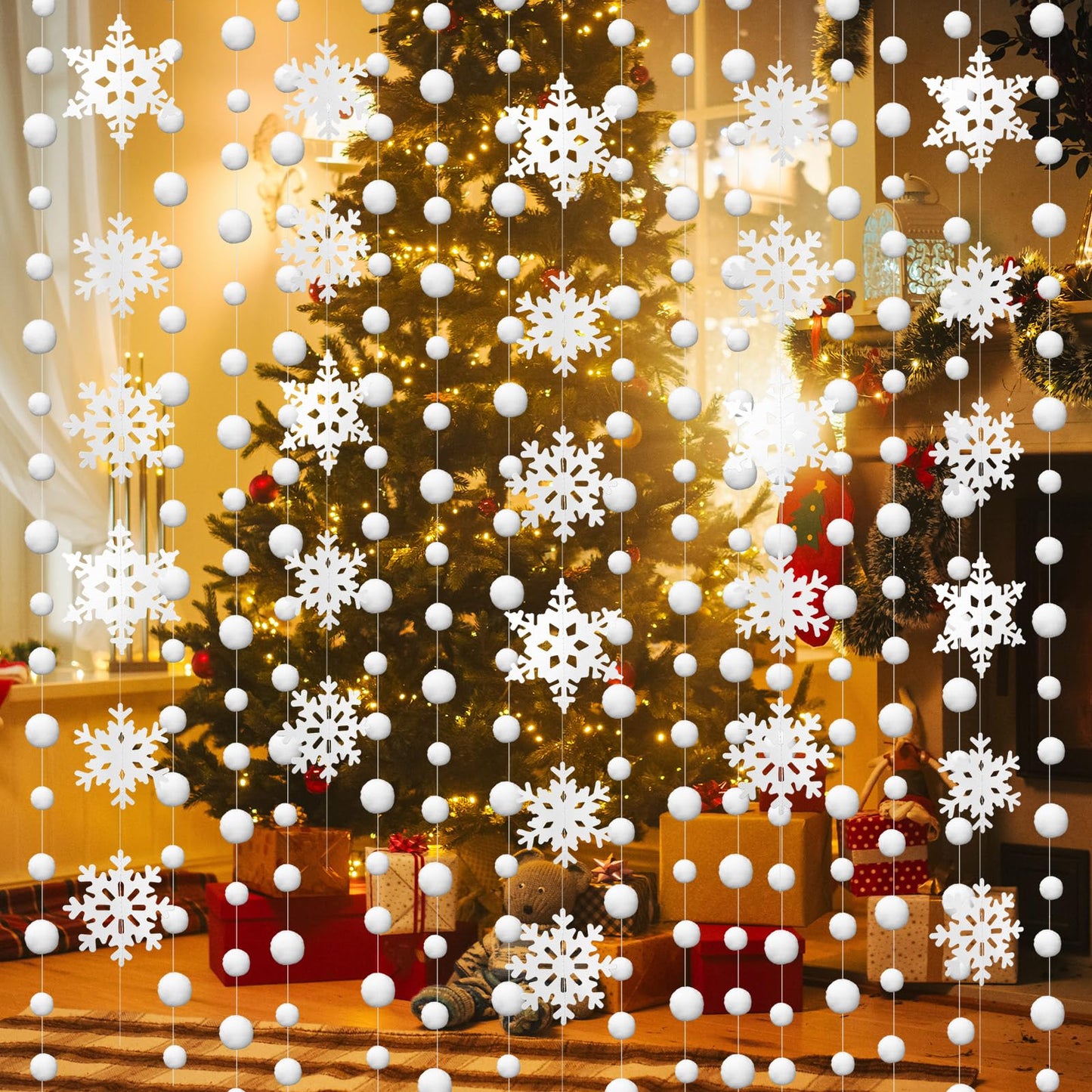 HunnmingRe 20 Pcs Snowflake Garland Winter Christmas Hanging Snowflake Decorations White Snowball Streamers Strings Xmas Wonderland Birthday Party Decorations