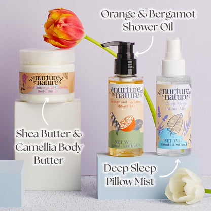 Nurture by Nature New Mom Self Care Gift Set with Body Scrub, Lavender Pillow Spray, Sleep Mask, Body Butter, Shower Gel & Bath Salts - Vegan Friendly - Stocking Stuffer, Baby Shower Gift Basket