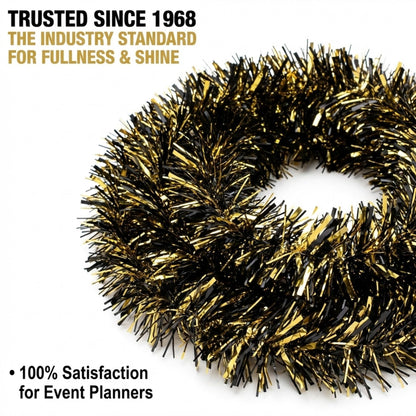 Anderson's Metallic Black & Gold Tinsel Twist Garland, 25ft Holiday Decoration, Christmas Tree Trim, Parade Float Decor, Party Supplies, Halloween, Graduation, Indoor Outdoor Event Garland