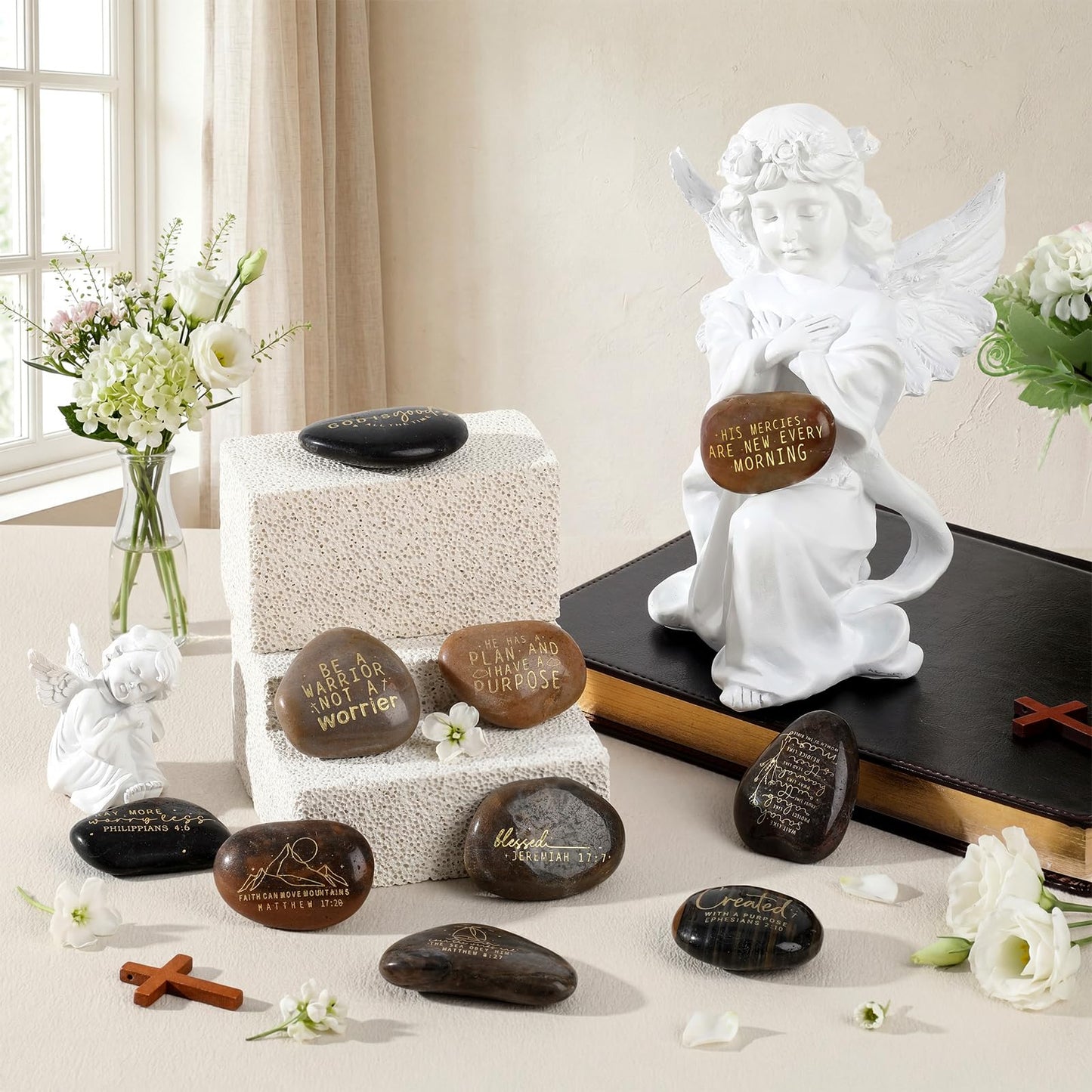 Landical 10 Pcs Bible Verses Scripture Stones Gift Christian Inspirational Rocks Engraved Stones with Prayer Words Father's Day Religious Gifts for Men Zen Group Office Home Decor(Inspiring Bible)