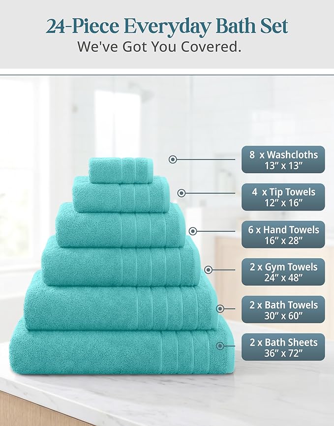 24-Piece Towels for Bathroom – 100% Cotton Towel sets, 2 Bath Sheets, 2 Bath