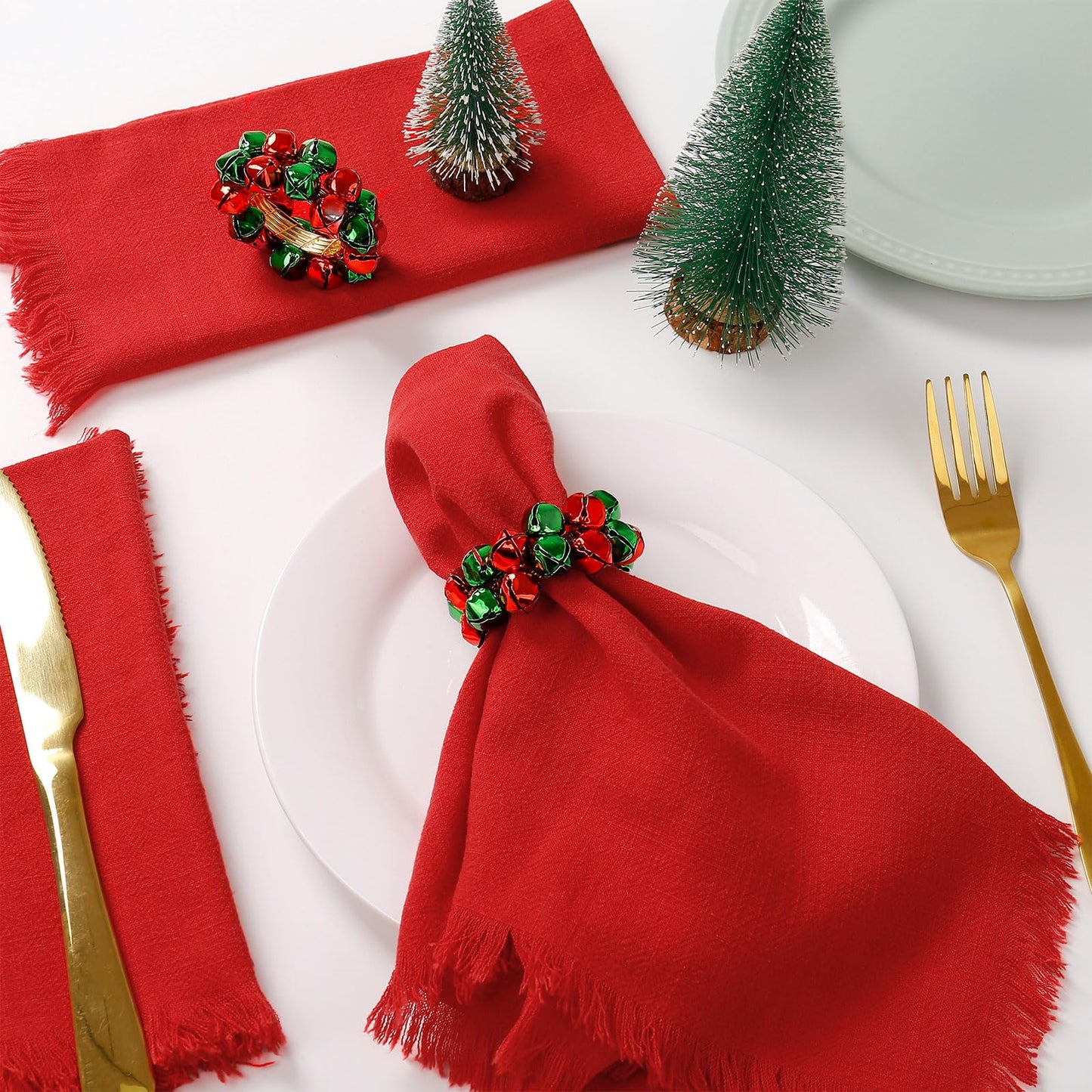Getfitsoo Christmas Napkin Rings Set of 8, Bells Napkin Rings with Green and Red Bell Gold Buckles for Table Decor, Weddings, Parties