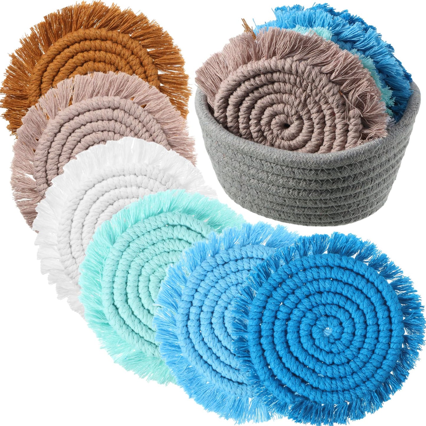 Coasters Set of 6 for Drinks Boho Absorbent Woven Cotton Coaster with Holder Farmhouse Tassel Macrame Cup Mat Housewarming Gift for Coffee Table Home Kitchen Office Decoration, 4 in(Ocean)