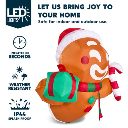 Joiedomi 3.5 FT Christmas Inflatable Gingerbread Man with Gift Box and Candy Cane Broke Out from Window, Blow Up Inflatable with Build-in LED for Window Decor, Xmas Party, Outdoor, Yard, Lawn Decor