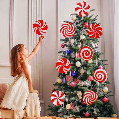 12Pcs Large Candy Christmas Tree Decorations Peppermint Lollipop Christmas Picks for Tree, 7.87" Red and White Candy Ornaments, Plastic Candyland Tree Topper for Xmas Holiday Party Vase Decor