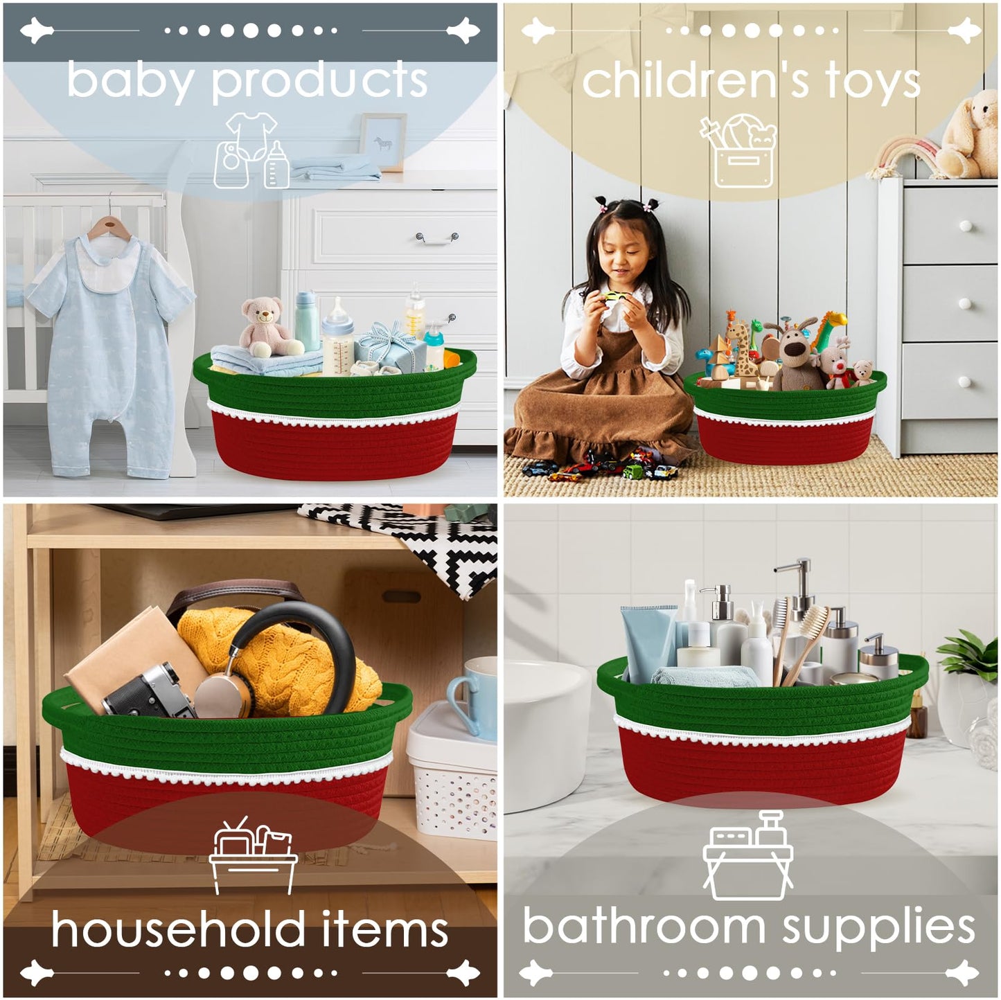 Christmas Red & Green Gift Basket Empty with Wrap Bag & Ribbon & Card, Empty Small Woven Storage Basket (12"x8"x5"), Cute Decorative Gift Baskets Storage for Christmas Baby Showers Easter (Green-Red)