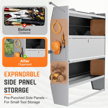 Cargo Van Shelving with Lockable Door Kits,Fit Transit, Nv, Promaster,Sprinter Mid/High Roof,Adjustable Heavy-Duty Steel Van Shelving Storage System W/Hooks & Ropes,52" W X 60" H X 13" D