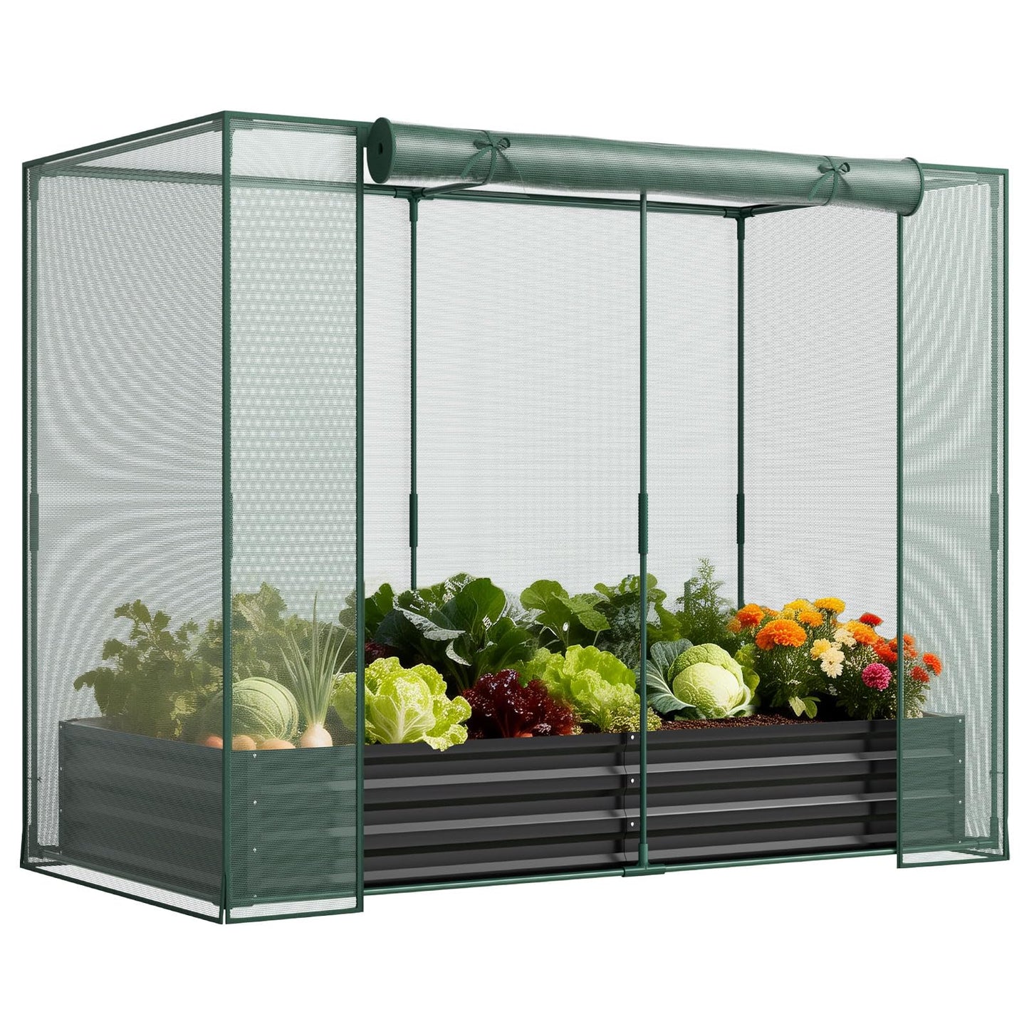 SUNYRISY Galvanized Raised Garden Bed with Protection Netting, Outdoor Metal Planter Box with Plant Crop Cage, Garden Box Protection for Gardening Vegetables Flowers Herbs Planting, Black