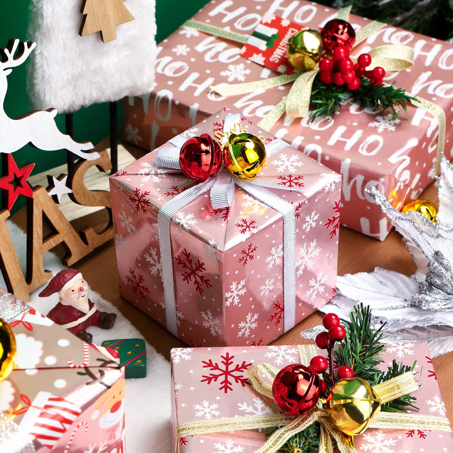 WRAPAHOLIC Christmas Wrapping Paper Set - Rose Gold Santa and Reindeer with Metallic Foil Shine Wrapping Paper Bundle with Gift Bow & Ribbon & Tag & Sticker