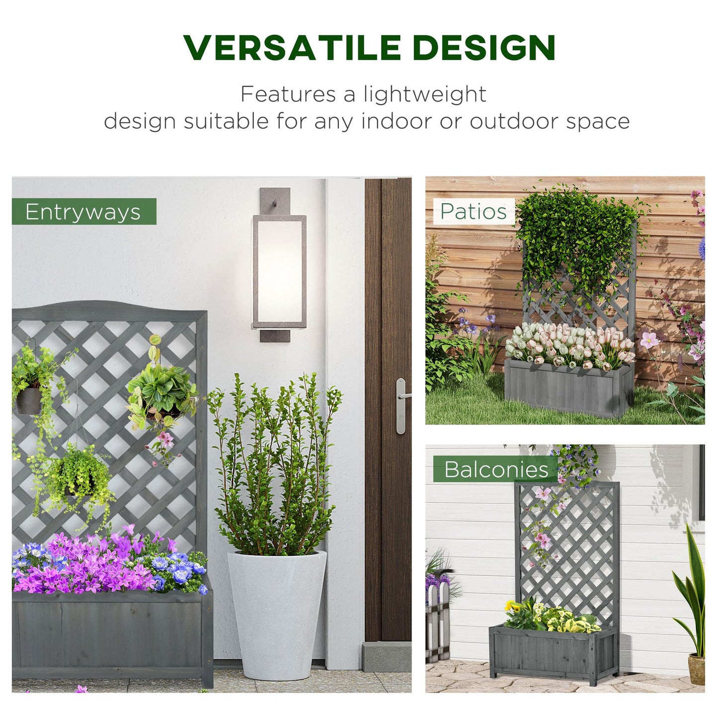 Outsunny Wooden Raised Garden Bed with Trellis, 46" Planter Box, to Grow Vegetables, Herbs, and Flowers for Backyard, Patio, Gray