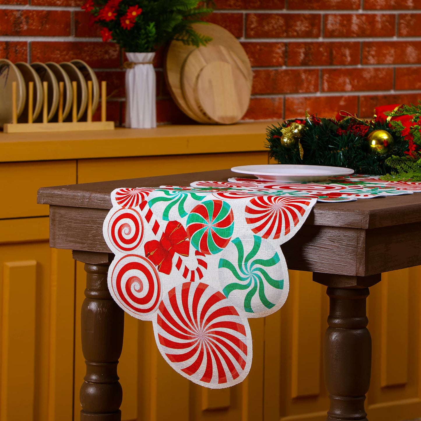 Kingdder Christmas Table Runner Candy Cane Peppermint Red White Green Lollipop Bow Table Mat Xmas Party Decor Centerpiece for Home Christmas Party Decoration, 71 x 14 Inch(Candy)