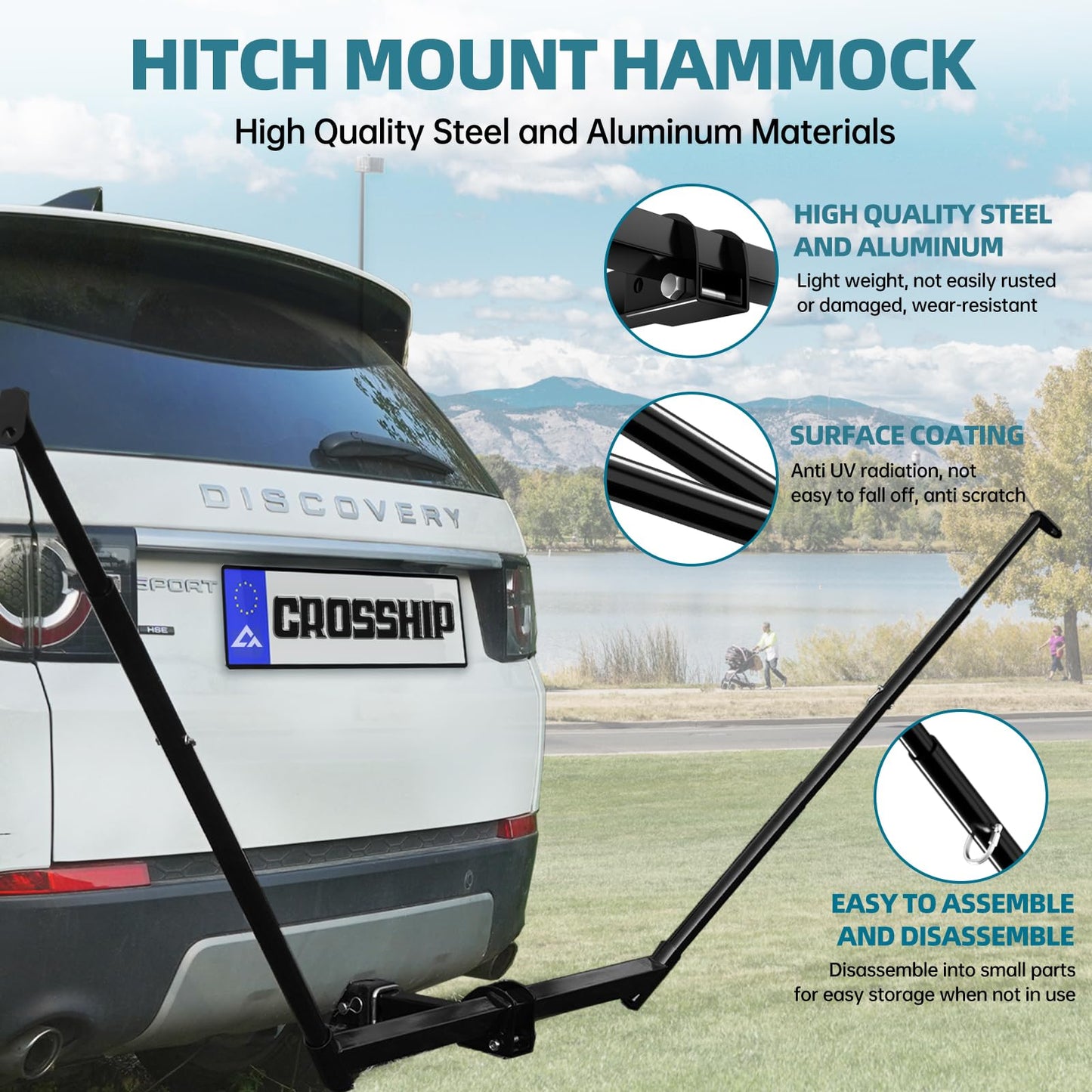 CROSSHIP Hitch Mount Hammock Stand - Includes Parachute Nylon Hammock & Storage Bag - for 2'' Receiver, Fits Class III & IV Heavy Duty Trucks, for Camping, Outdoor, Travel (350lbs Weight Capacity)