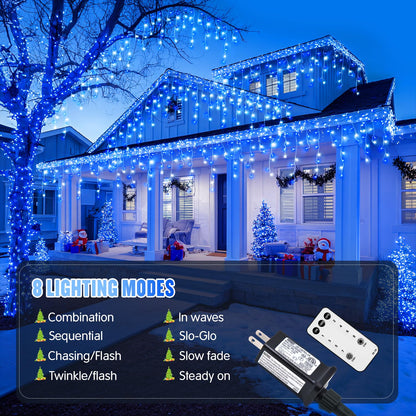 JMEXSUSS Blue&White Icicle Lights - 38.8FT 400 LED Icicle String Lights with Remote for Indoor/Outdoor, House, Bedroom, Fireplace, Birthday, Christmas Decorations