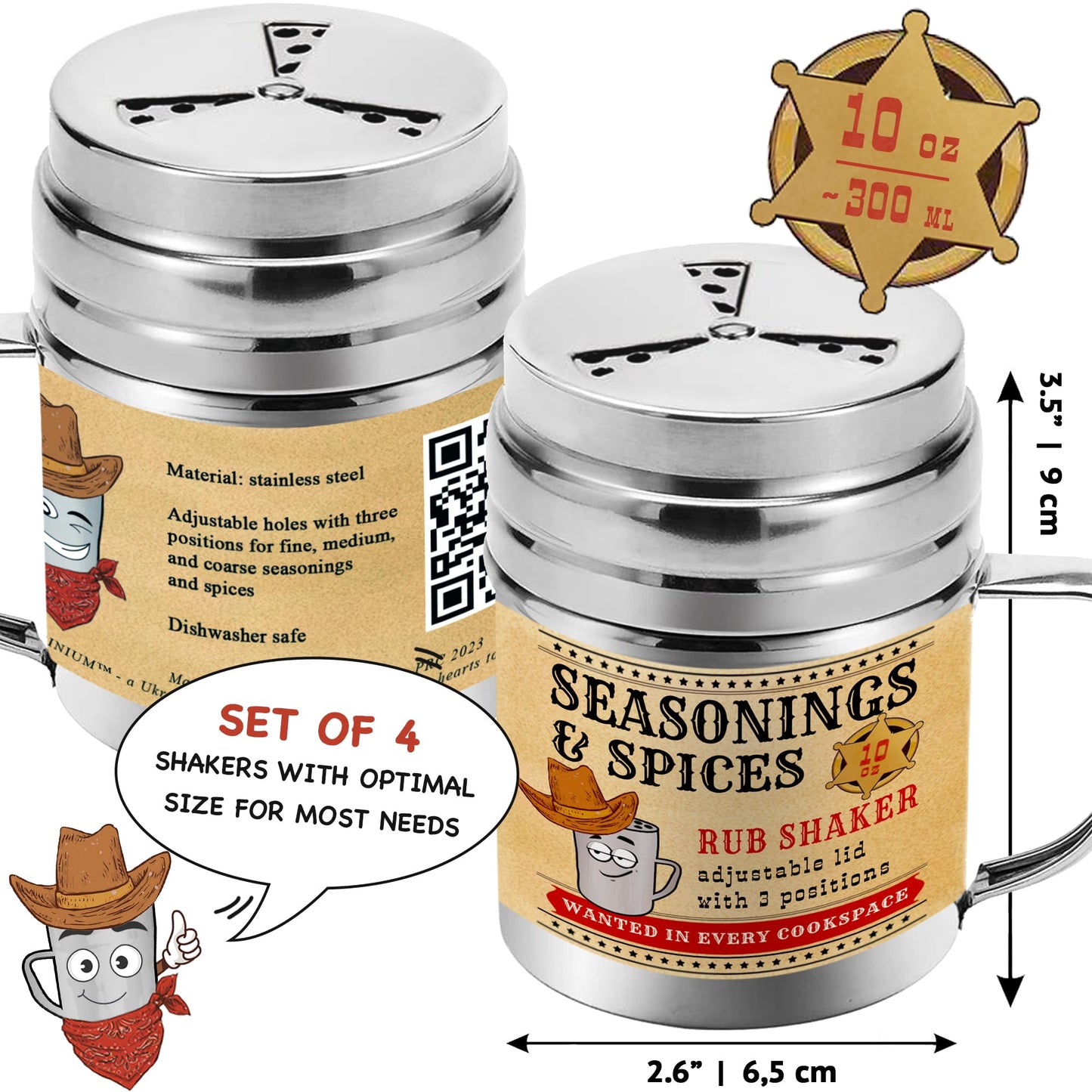 CUSINIUM [Pack of 4] 10 oz Seasonings Spice Shakers - BBQ Dry Rub Shakers - Cooking Dredge with Adjustable Fan-Style Lid and Handles