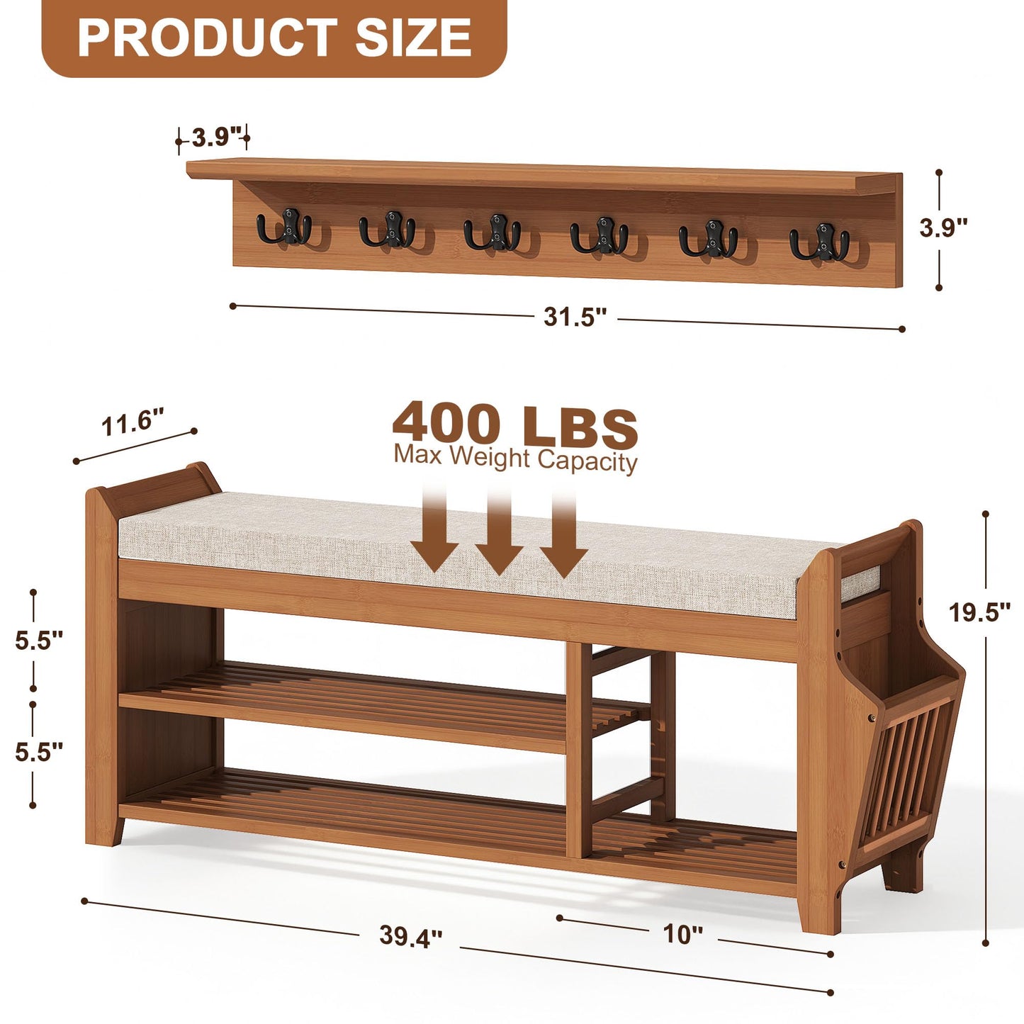 PETKABOO 39.4" Shoe Bench with Coat Rack Hidden Drawer and Side Holder, 2 Tier Entryway Bench with Storage, Bamboo Shoe Rack with Cushion for Entryway Hallway Living Room Bedroom