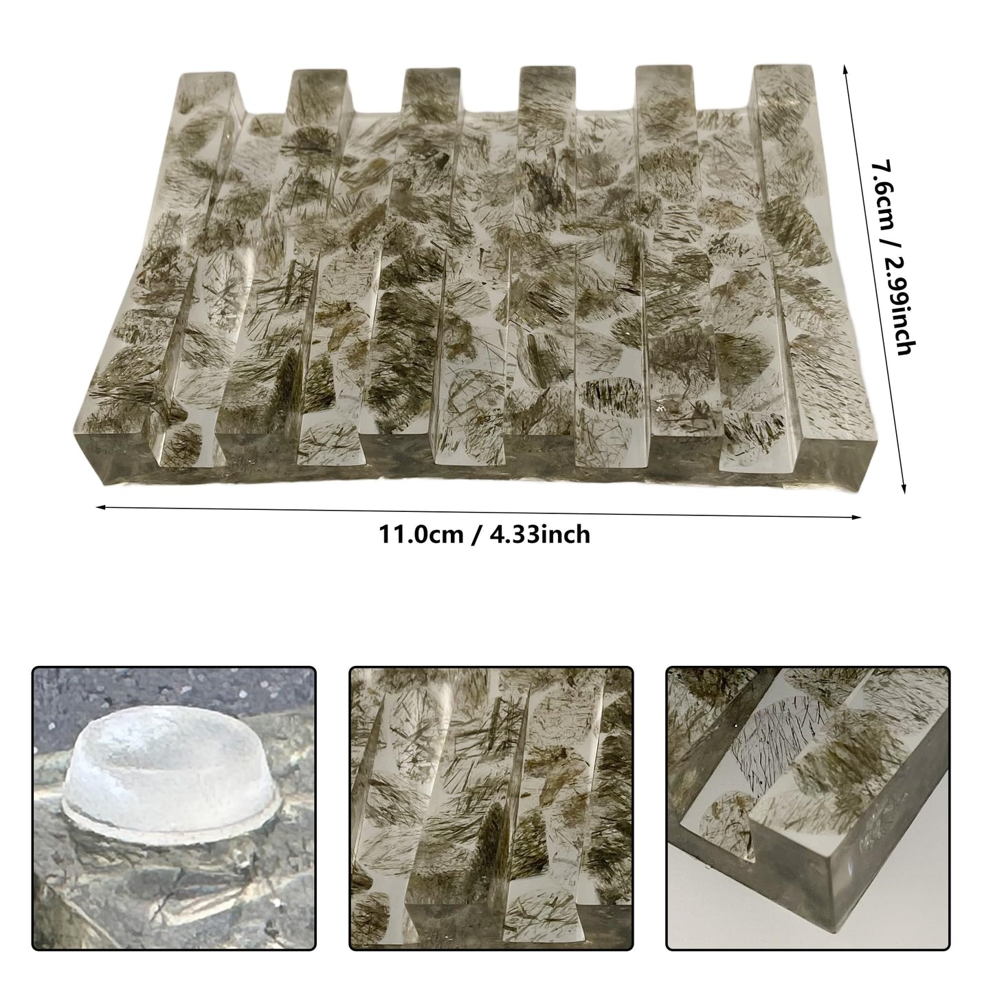 KUHPLOVE Soap Dish Rectangular Draining Holder with Natural Green Inclusions Handcrafted Bathroom Tray Modern Decor Accessory 4.33 x 2.99 x 0.59 Inches (Hair Crystal Double Drain Soap Rack)