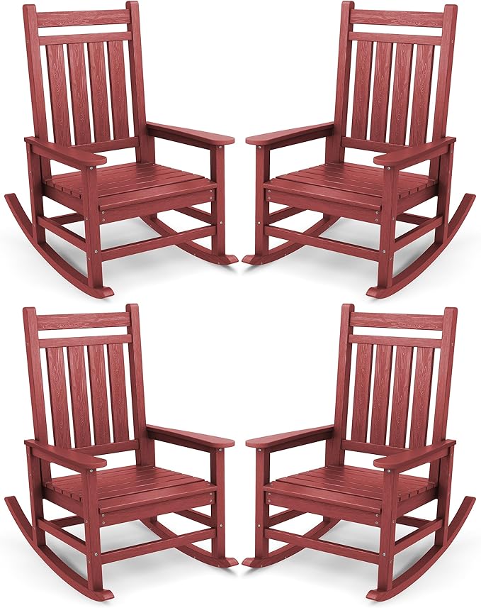 SERWALL Oversized Outdoor Rocking Chair Set of 4, HDPE Rocker for Adults, Patio Rocking Chairs for Porch, Crimson Red