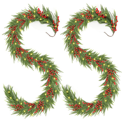 Christmas Norfolk Pine Garland 2PCS 9FT,Real Touch Faux Winter Greenery Garland with Light for Stairs Table Fireplace Backdrop Wall,Christmas Holiday Seasonal Winter Decor