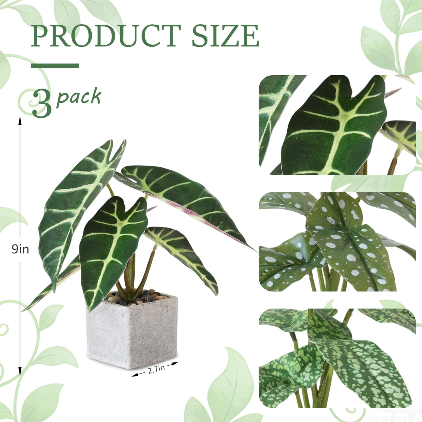 Piklado 3pcs Small Fake Plants Artificial Begonia Leaves Faux Plants Indoor for Office Desk Shelf Bathroom Home Decor