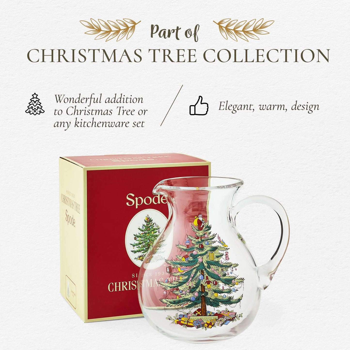 Spode Christmas Tree Glass Pitcher with Handle - Festive Holiday Beverage Server, Seasonal Drinkware for Entertaining, 6 Pint Capacity, Classic Glass Serveware - Celebrate Christmas Traditions