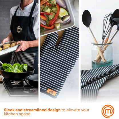 MasterChef Kitchen Set of Cooking Gifts for Men & Women, 5pc Set includes Chef Apron, Pair of Oven Mitts & 2 x Kitchen Towels, Premium Quality Cotton with Official Logo, Elite Black
