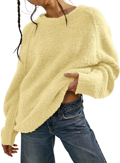 Beaully Women's Oversized Long Sleeve Crewneck Fuzzy Knit Warm Sweaters 2025 Fall Pullover Sweater Tops