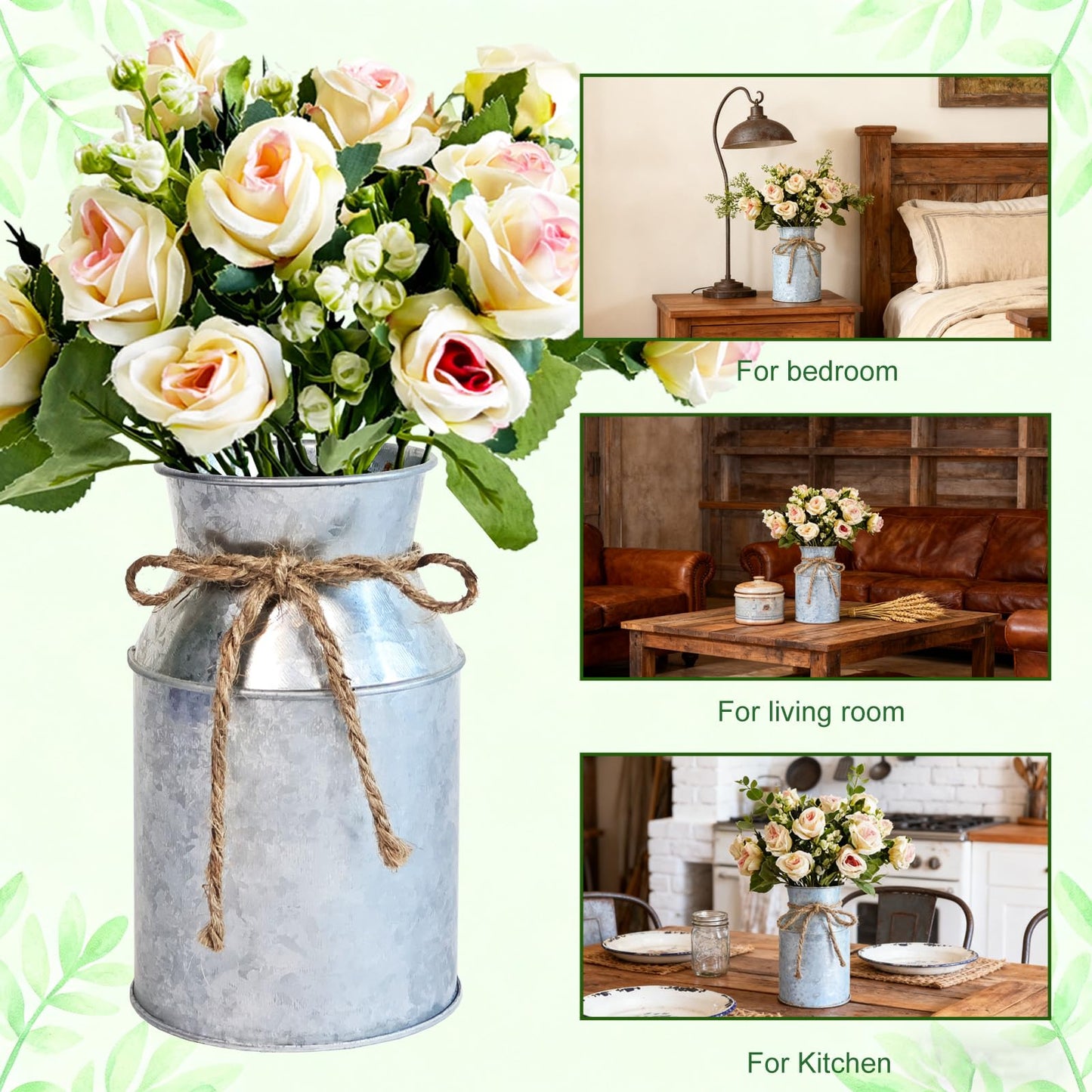 Farmhouse Artificial Rose Flowers with Metal Vase, Set of 6 Fake Rose Arrangements for Table, Faux Bouquets Wedding Centerpiece Decorations, Home Office Flower Decor (Silver Vase & Champaign Roses)