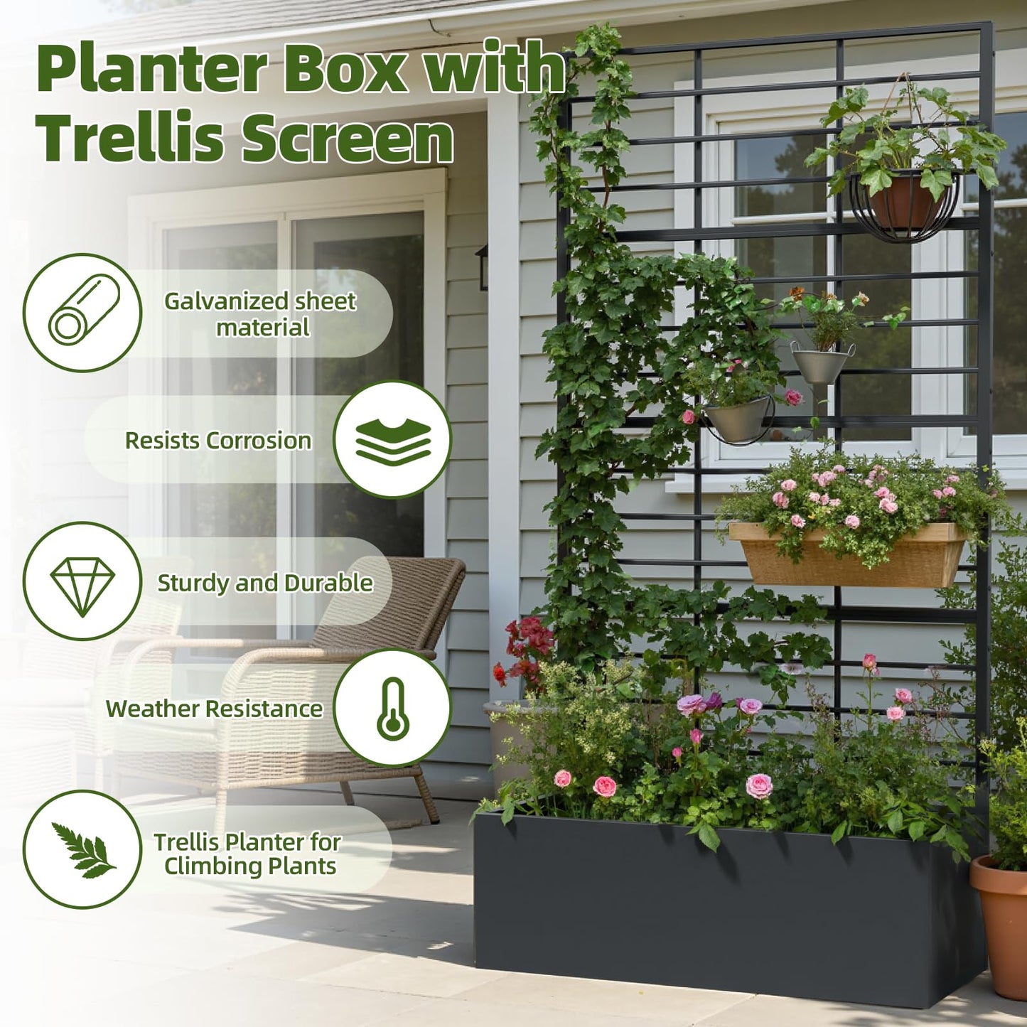 Trygoal Metal Planter Box with Trellis, 35" Lx15.7 Wx70.8 H Metal Raised Garden Bed with Trellis and Drainage Holes, Outdoor Standing Flower Bed for Climbing Plants,Vegetables,Vines, 2PCS