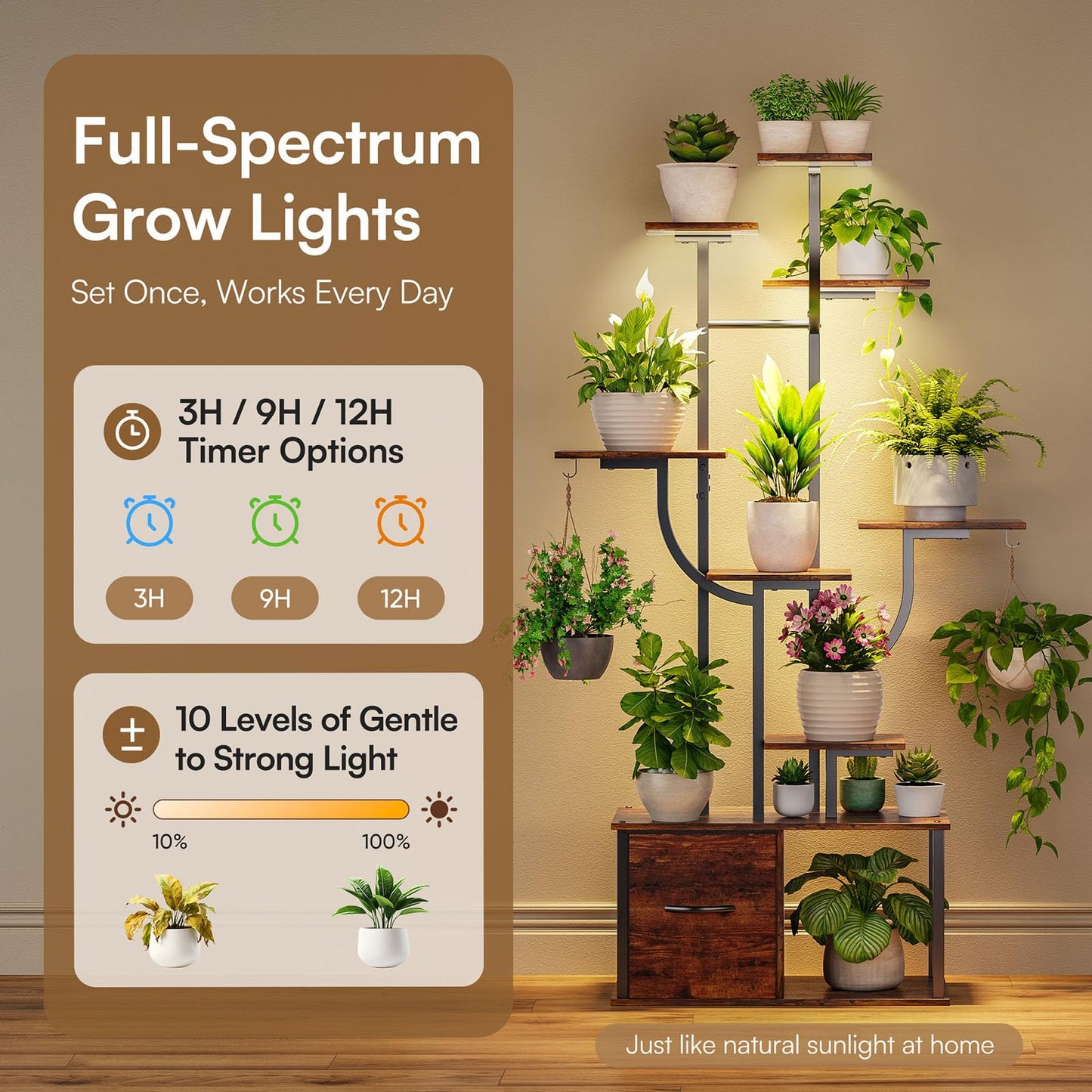 Verinch 59" Plant Stand Indoor with Grow Lights, 2PCS, 9 Tiered Plant Shelf with Drawer, Corner Plant Stands for Indoor Plants, Metal Plant Flower Display Shelf, Plant Rack for Home, Black (1)