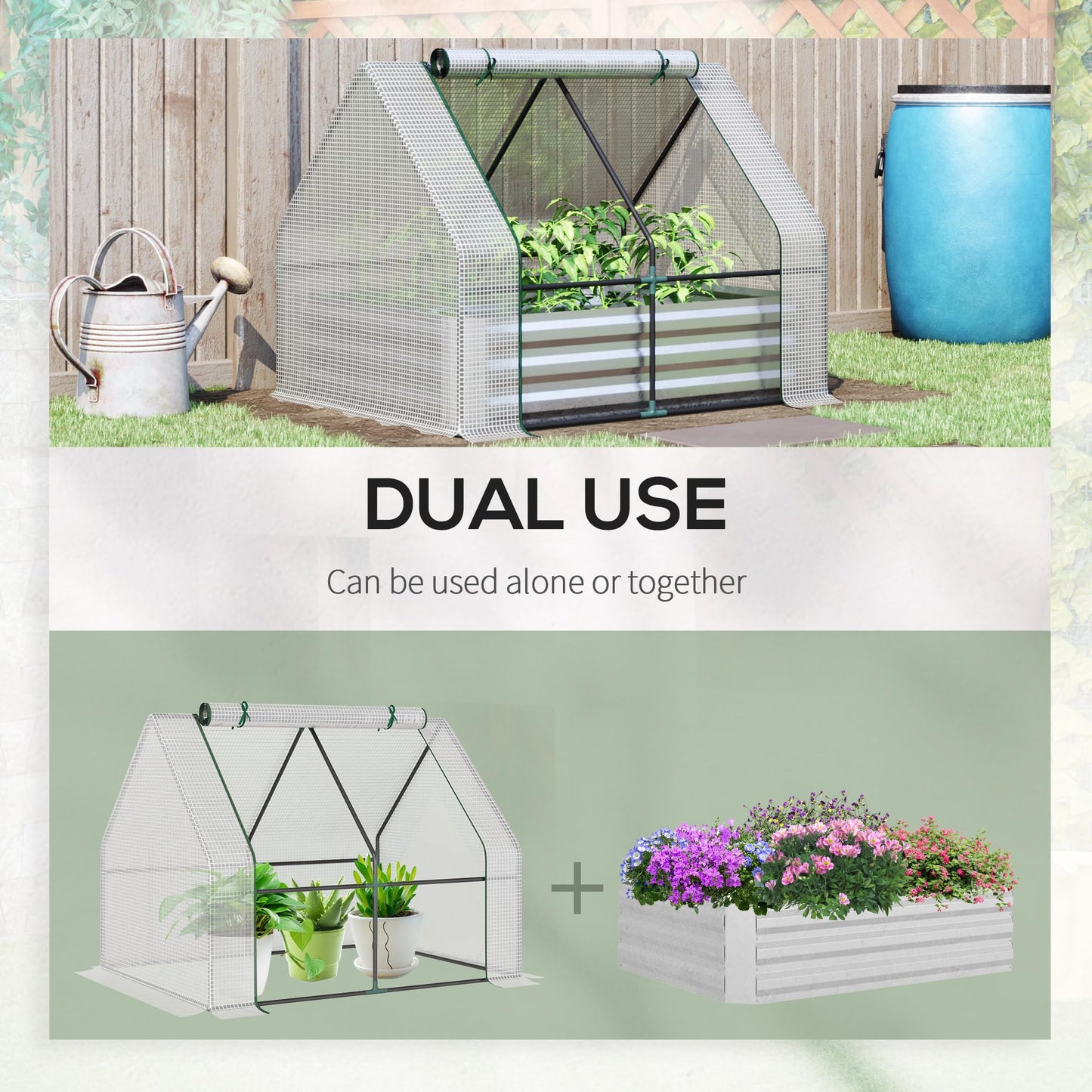 6' x 3' Galvanized Raised Garden Bed with Mini PVC Greenhouse Cover, Outdoor Metal Planter Box with 2 Roll Up Windows for Growing Flowers, Fruits, Vegetables and Herbs, Silver
