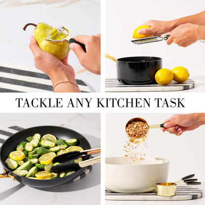 White & Gold Cooking Utensils Set - Luxe 8-Piece Kitchen Gadget Set Includes Can Opener, Tongs and Garlic Press - Stylish White and Gold Kitchen Accessories for Modern Kitchens, Ideal for Gifting