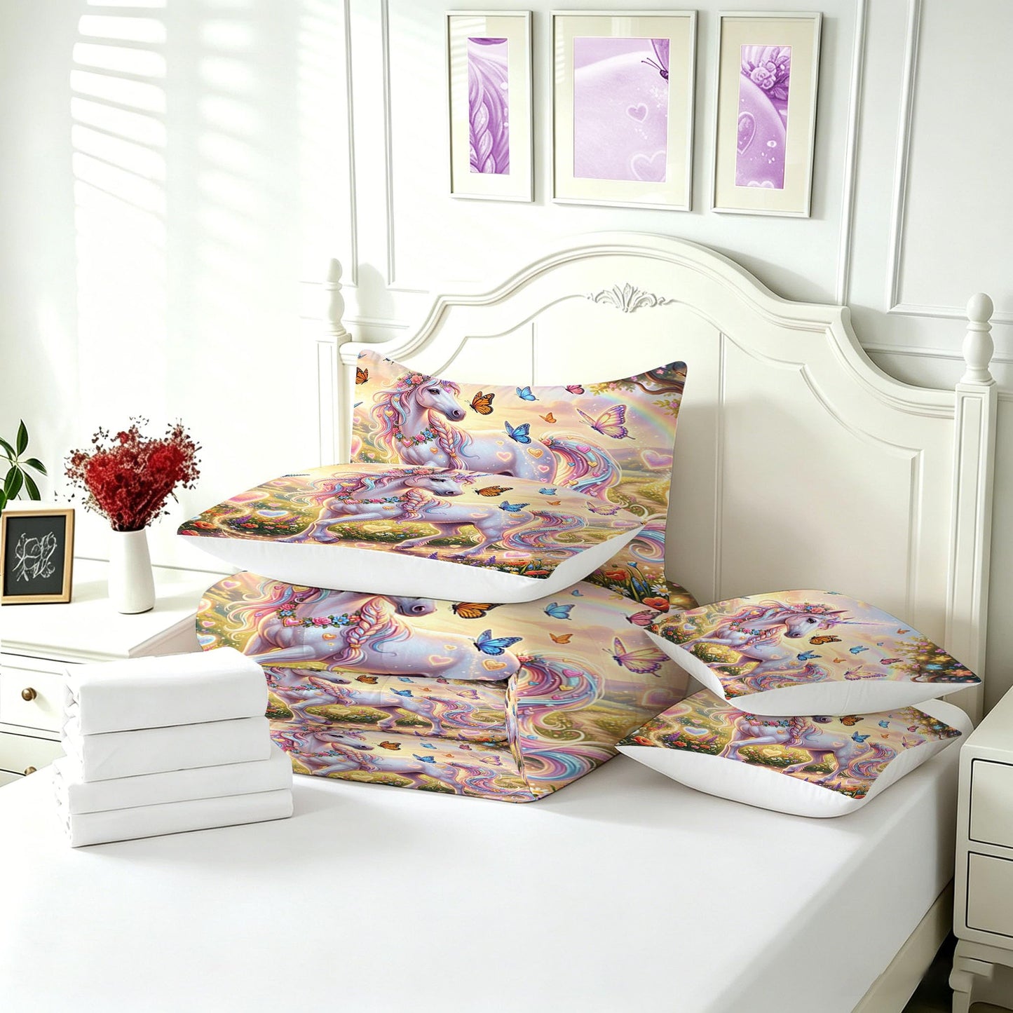 FUYEUN Unicorn King Comforter Set with Sheets for Kids Boys Girls Dreamy Rainbow Print 7 Pieces Cute Bedding Set Cartoon Animal Bed in a Bag Princess Room Decor