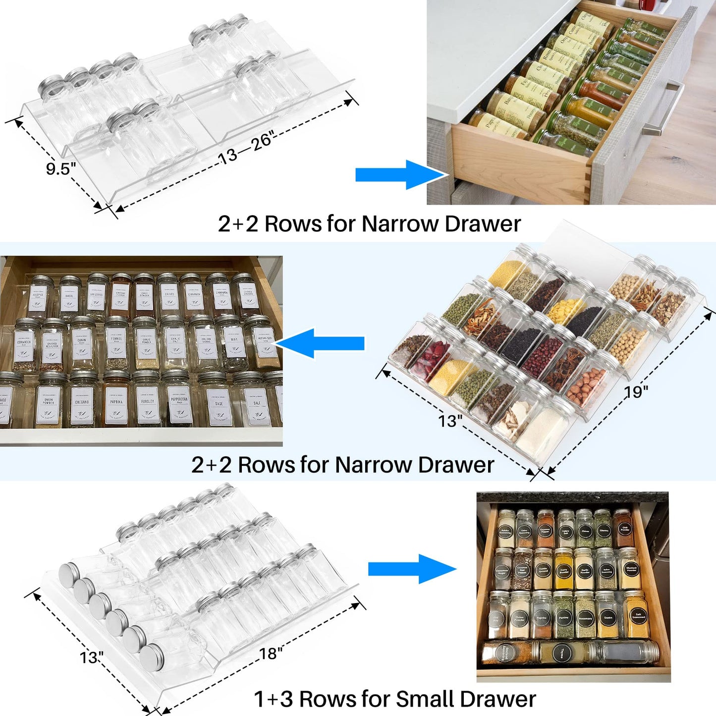 Antimbee Spice Drawer Organizer, 4 Tier- 4 Pack Acrylic Spice Rack Tray for Drawer, Expandable From 13" to 26" Kitchen Spice Rack Tray for Countertop Holds up 28 Spice Jars (Jars not Include)