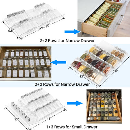Antimbee Spice Drawer Organizer, 4 Tier- 4 Pack Acrylic Spice Rack Tray for Drawer, Expandable From 13" to 26" Kitchen Spice Rack Tray for Countertop Holds up 28 Spice Jars (Jars not Include)