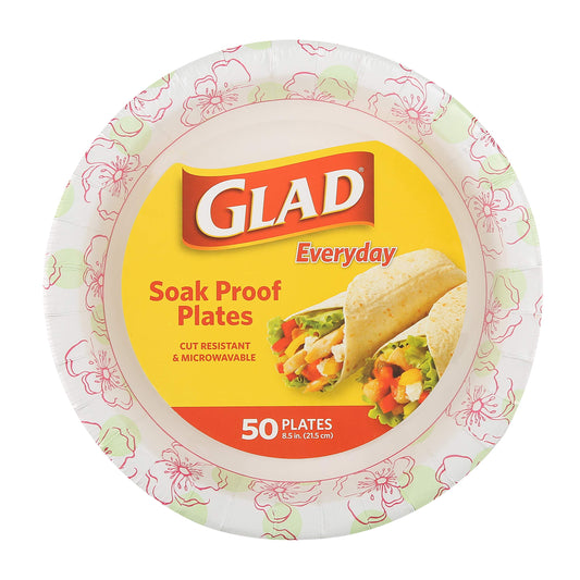 Glad Disposable Paper Plates, 8.5"| Round Soak Proof, Cut Proof, Microwaveable Heavy Duty Disposable Plates |50 Count Bulk Paper Plates, Pink Flower Print| Paper Plate for Parties, Dinner Paper Plates