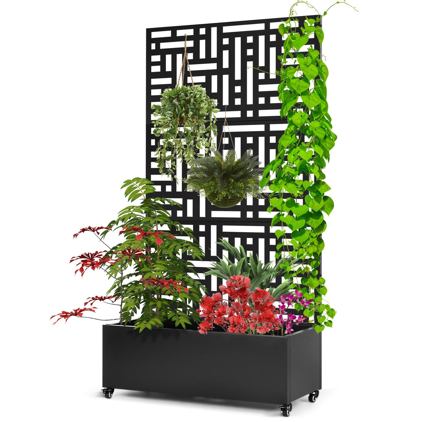 SERdeerCH Metal Planter Box with Trellis,71”Raised Garden Bed with Trellis Privacy Screen and Drainage.Wheeled for Patio Flexibility,for Climbing Veggies/Flowers.DIY-Friendly Design